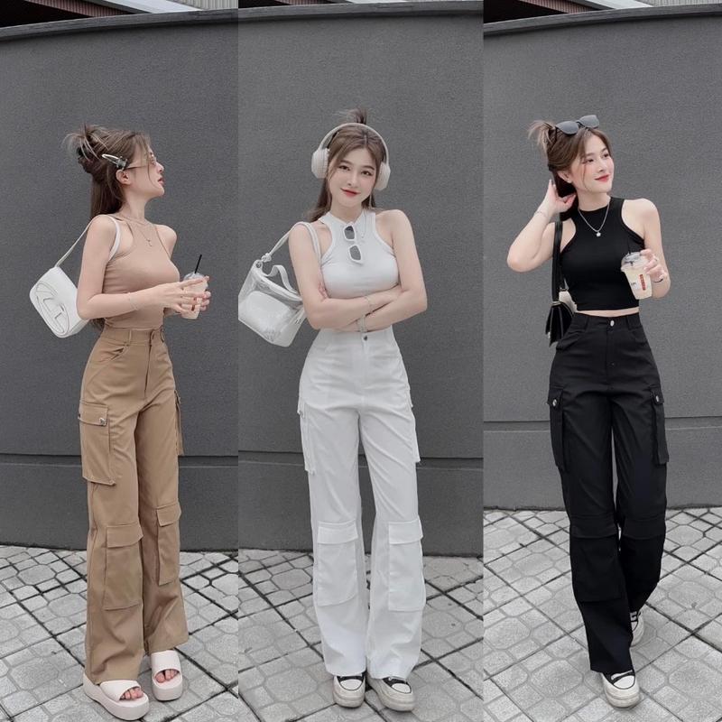 Quần Kaki Ống Rộng Nữ 4 Túi Hộp Phong Cách Hàn Quốc-MH Shop 68-MS01 quanvai Giặt bằng nước lạnh Nút Voi Đen