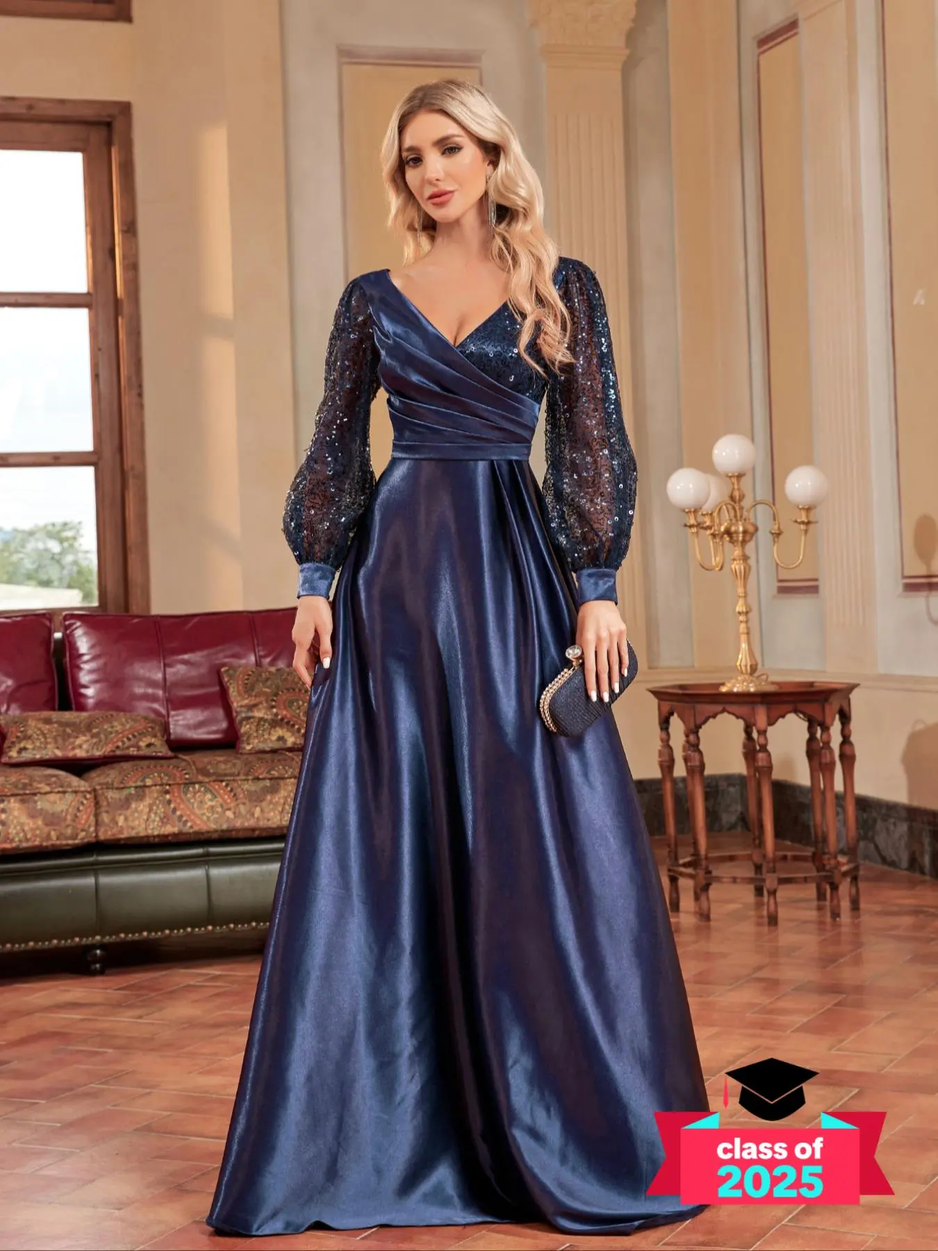 Women's Ruched Contrast Sequin Satin Evening Dress, Elegant Contrast Mesh Bishop Sleeve A Line Dress, Prom Gown, Formal Dresses, Lady Occasion Wear