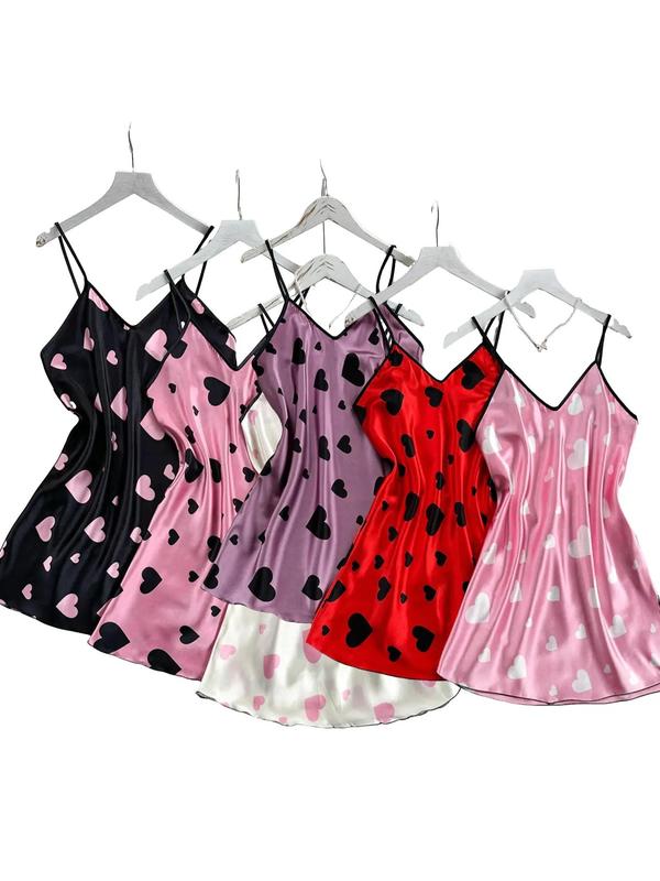 Women's Heart Print Contrast Binding Cami Nightdress, Casual Silky Soft Comfortable Adjustable Spaghetti Strap Nightgown, Dresses for Women, Ladies Sleepwear for All Seasons 6