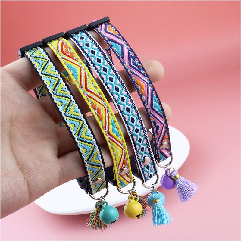 Product Introduction of Adjustable cat collar with tassels and bells embellished pet collar colorful plaid jacquard pattern for cat and dog collars 13
