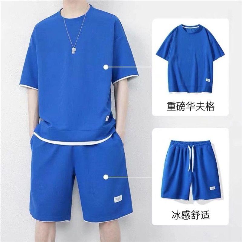 Bộ Đồ Thường Ngày Phong Cách Bánh Quế, Dành Cho Nam Giới, Áo Phông ngắn Tay Áo Lụa Lạnh Mùa Hè, Quần Đùi Ngắn Tay Dáng Rộng Vừa Vặn, Bộ Đồ 1 / 2 Mảnh 4