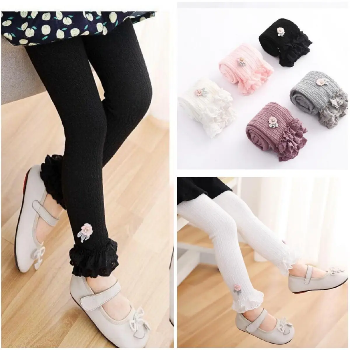 KFO18-Legging Anak Perempuan Rajut Bunga Ruflle Celana Fashion