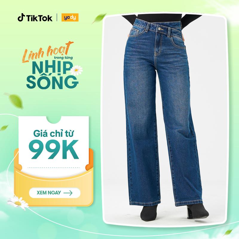  YODY Quần Jeans Nữ Dáng Suông Ống Rộng Cạp Chéo QJN6018 