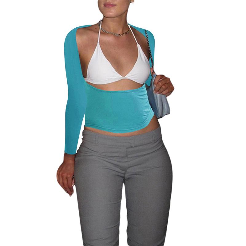Women´s Long Sleeve Cropped Tops, Solid Color Round Neck Backless Show Navel T-shirt for Spring Summer 1