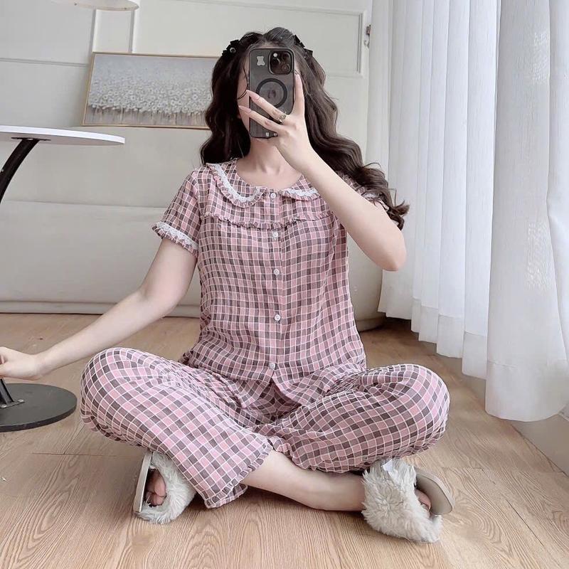(38kg-68kg) Đồ bộ kẻ sọc quần dài cho Nữ, cổ sen phối ren vải kẻ lông mềm hàng thiết kế phối bèo bigsize Women Top Áo Quần Ngủ 4