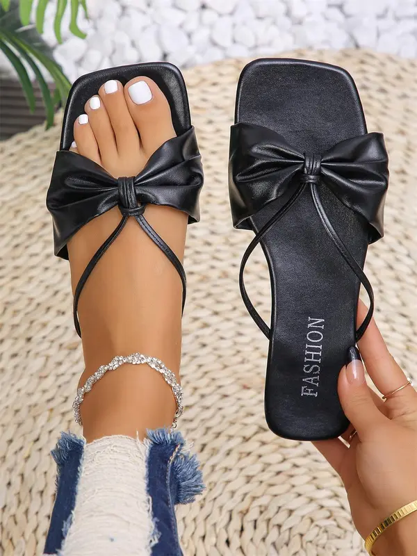 Women's Bow Decorated Slide Sandals, Casual Square Toe Flat Sandals for Summer, Lightweight Breathable Comfortable Shoes for Daily Wear, Girl 7