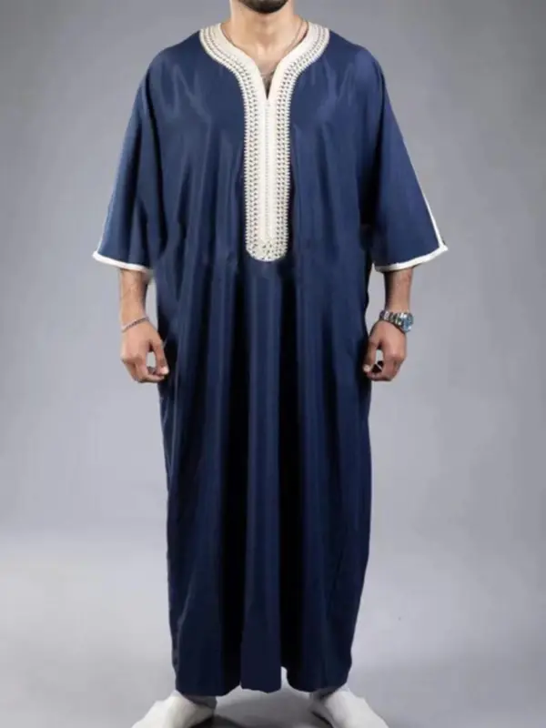 Men's Contrast Binding Embroidering Notched Neck Kaftan, Summer Clothes, Modest Three Quarter Length Sleeve Abaya, Summer Outfits 2024, Islamic Thobe Clothing, Mens Clothing 0