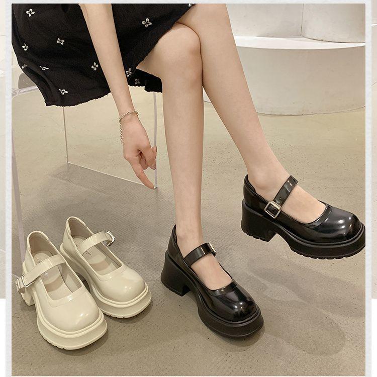 Giày Mary Jane, Đế Dày, Phong Cách Pháp, Giày Cao Gót Chunky Màu Trắng, Cắt Nông, Tăng Chiều Cao Nhỏ, Thích Hợp Cho Váy, Giày Da Nhỏ Dành Cho Nữ 2
