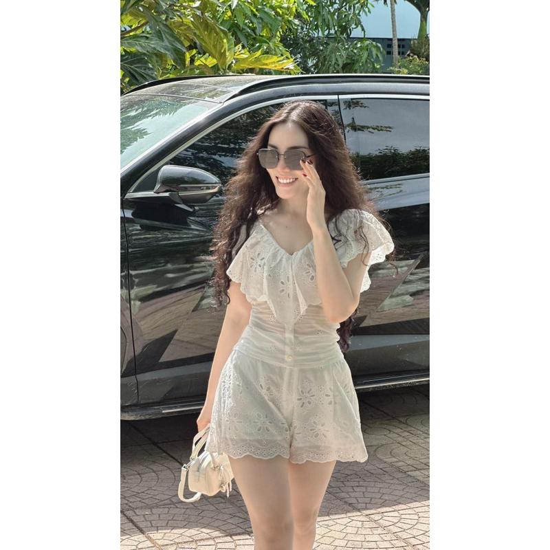 Bộ đồ nữ mùa hè sang chảnh BS04, Set đồ nữ áo cổ tim kèm quần short chất ren Hàn mát mẻ 5