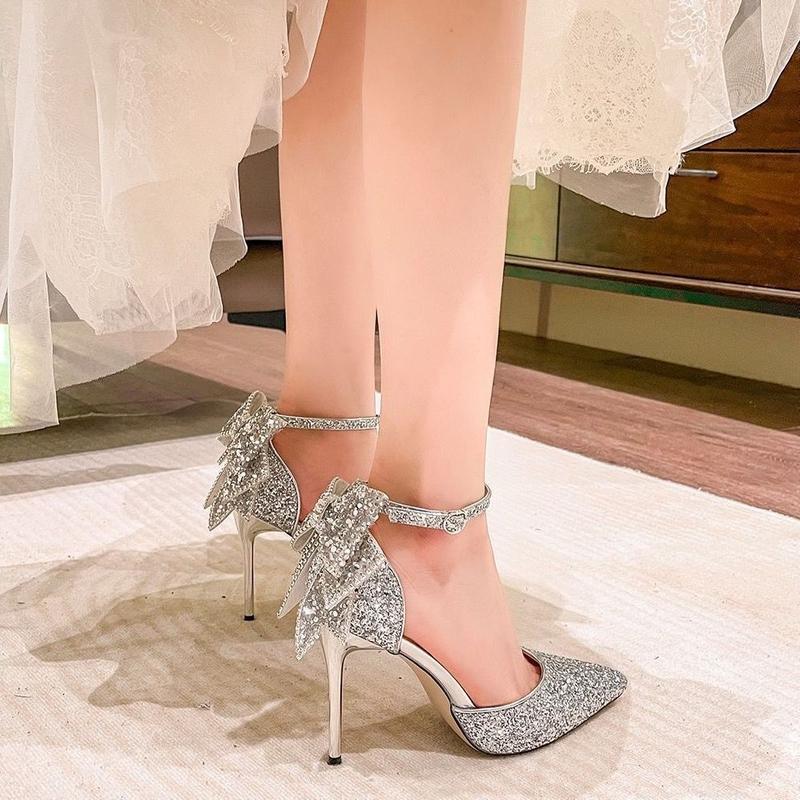 Giày Cao gót Paillette Màu Bạc Phong Cách Pháp, Dành Cho Nữ, Bộ Sưu Tập Mùa Lò Xo Và Mùa Thu, Giày Cưới Mới, Có Nơ Kim Cương Giả, Giày Pha Lê Cổ Tích Ngọt Ngào, Năm 2025 6