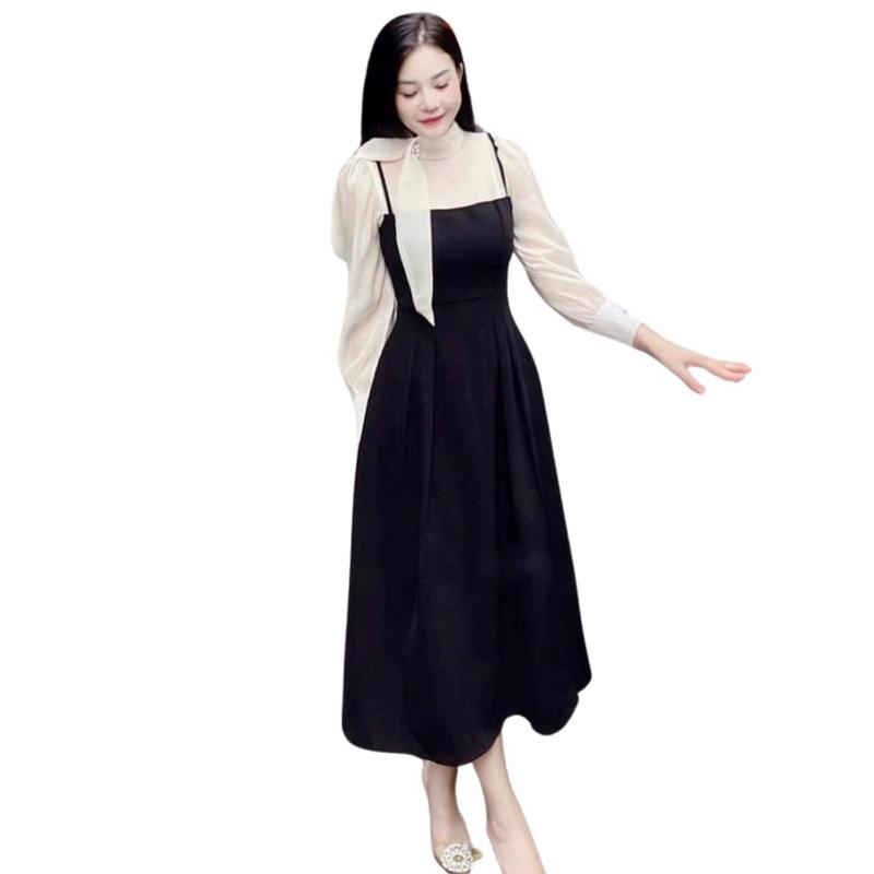 Váy đầm nữ dáng dài cổ nơ thiết kế dự tiệc trượt dày dặn V209 - Nữ, Women 0