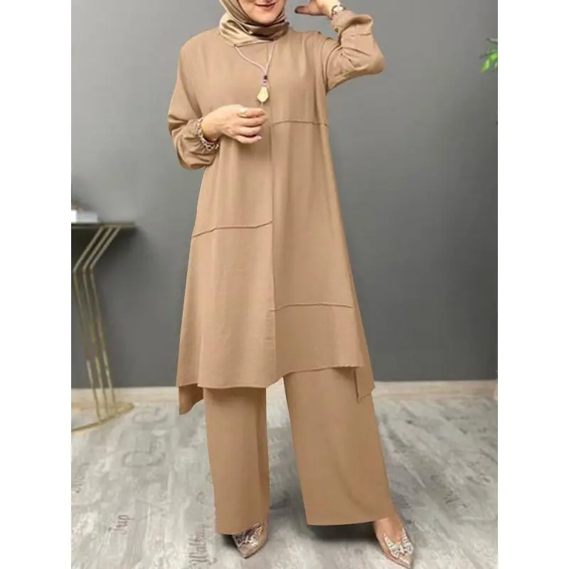 Trang Phục Phụ Nữ Hồi Giáo, Bộ Sưu Tập Năm 2024, Đồ Quần Áo Thể Thao Đường Phố, Tay Phồng Thanh Lịch, Áo Sơ Mi Cổ Tròn, Dáng Rộng Vừa Vặn, Thời Trang, Bộ Quần Ống Rộng