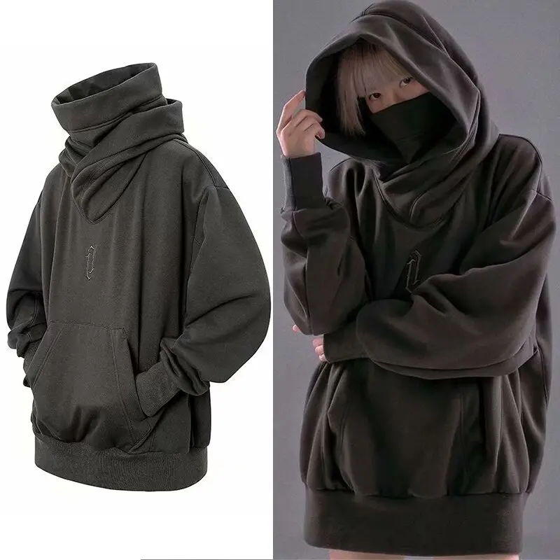 Hoodie bersaiz besar untuk lelaki, 3XL, gaya Harajuku Jepun, leher besar, Hip Hop, baju sejuk sulaman, Korea, leher tinggi, lengan panjang, poket besar, jenama bergaya, bahu jatuh, atasan longgar