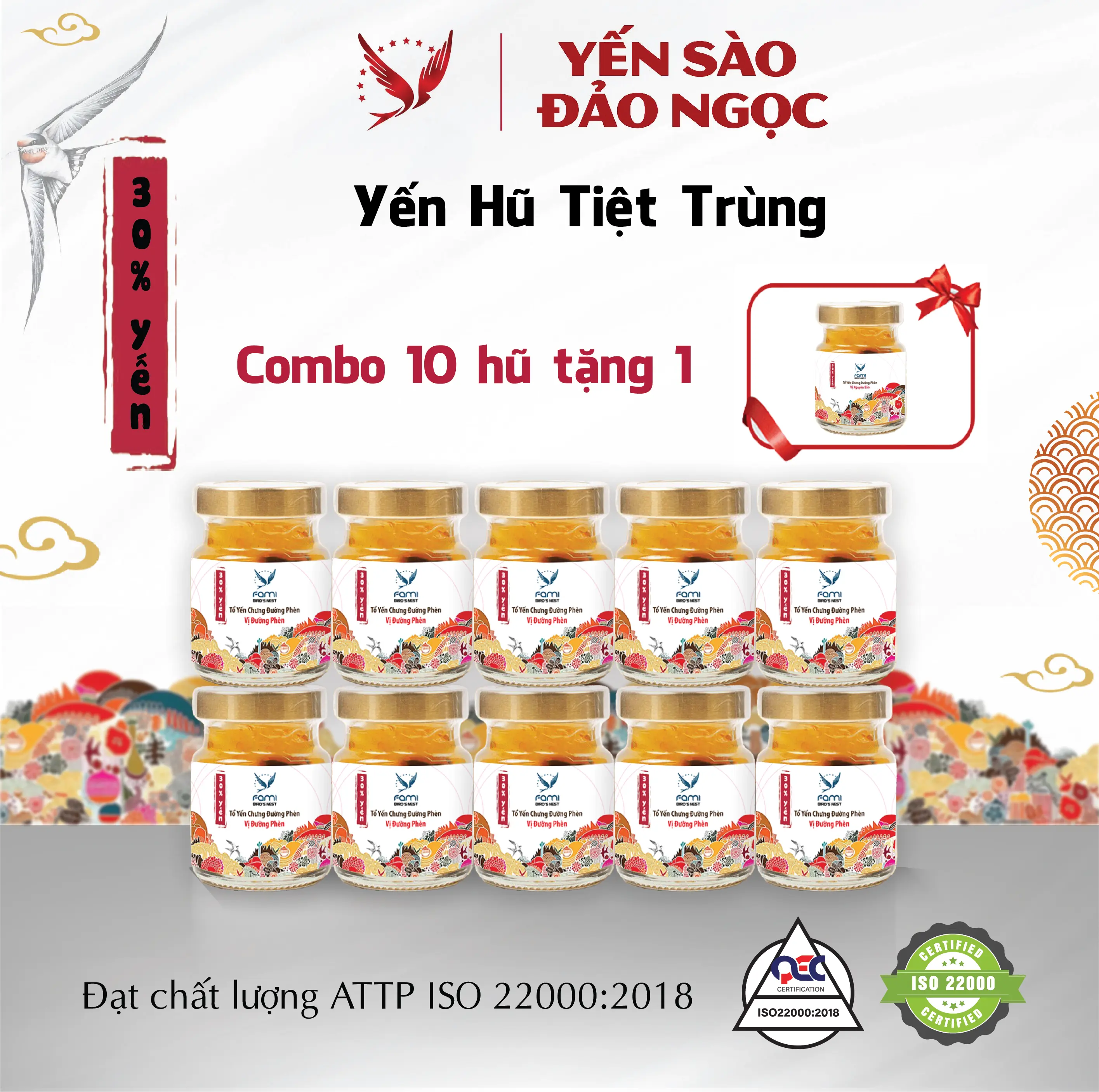 Combo 12 Hũ Yến Chưng Sẵn 30% - Có 6 vị - Không Kèm Hộp - Yến Sào FAMI Sản Phẩm Của Yến Sào Đảo Ngọc