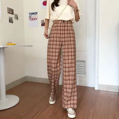 Celana Tartan Wanita Panjang Kulot Kotak-Kotak Casual Kancing Depan 1099 3