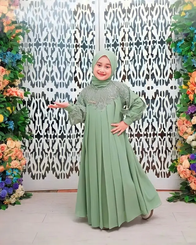 Inara Kids Set Pashmina Gamis Anak Perempuan 5-13 Tahun Dress Kondangan Setelan Anak Gamis Brukat Baju Wanita Muslim Syari Ceruty 1