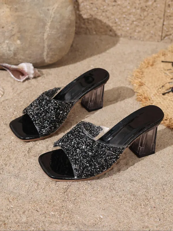 Women's Fashionable Glittering Chain Decorated Heeled Sandals, Elegant Square Toe Slip on Sandals for Summer, Lightweight Breathable Comfortable Shoes for Daily Wear, Girl 8