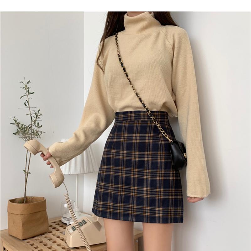 Product Introduction of Half length skirt, women's autumn outfit, new plaid bag buttacks half length skirt, black college style high waist slimming bag buttons A-line short skirt 15