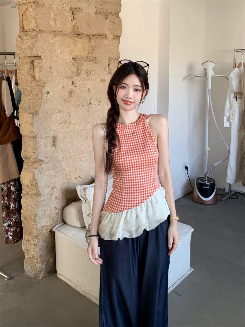 Product Introduction of Áo Vest Cổ Yếm Kẻ Sọc, Hàng Mới Về Mùa Hè, Thiết Kế Sang Trọng, Không Tay, Khâu, Dây Đeo Spaghetti Bất Đối Xứng Phong Cách Cô Gái Nóng Bỏng, Áo Trên 7