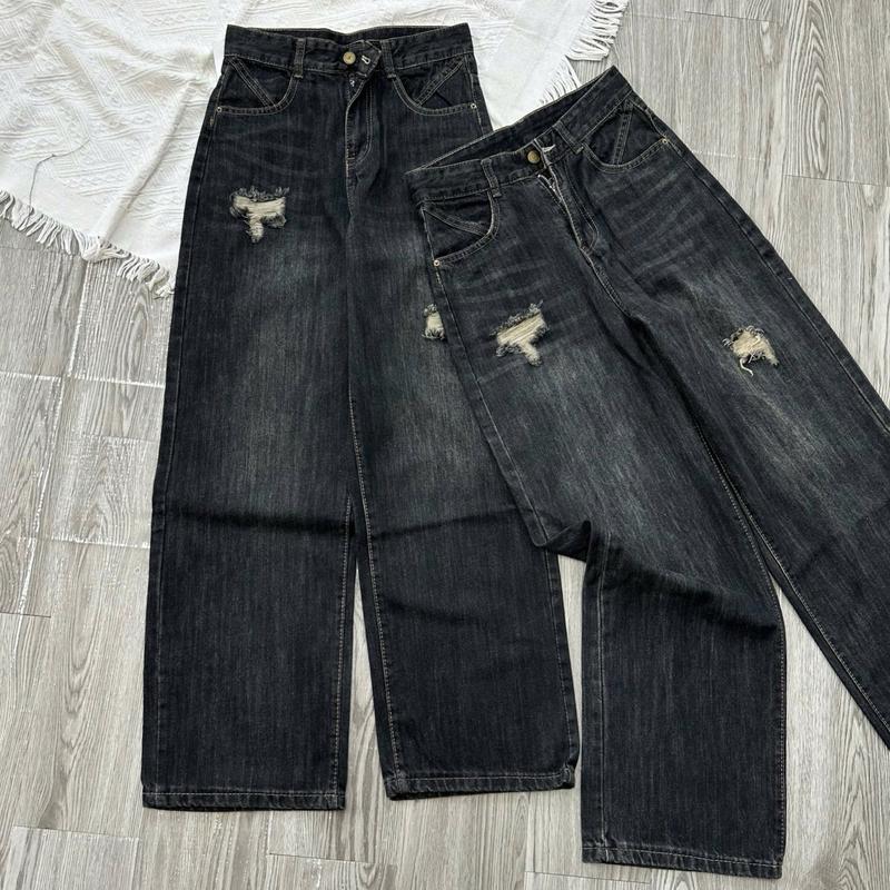 7713 BIGGSIZE Quần jeans ống suông nữ cạp cao, quần jeans ống rộng xước tạo kiểu túi chéo Women Ong