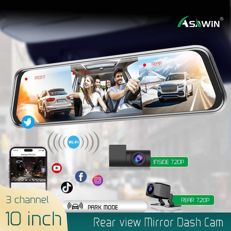 3 Camera Wifi 10 Inch Rear View Mirror Dash Cam 3 Ways Car Camera ...
