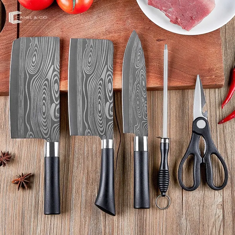 CANEL & CO 5In1 Knife Set Cleaver Slicing Chef Knife Scissors Sharpener Stick Set Memasak Pisau Dapur Baja Kitchenware