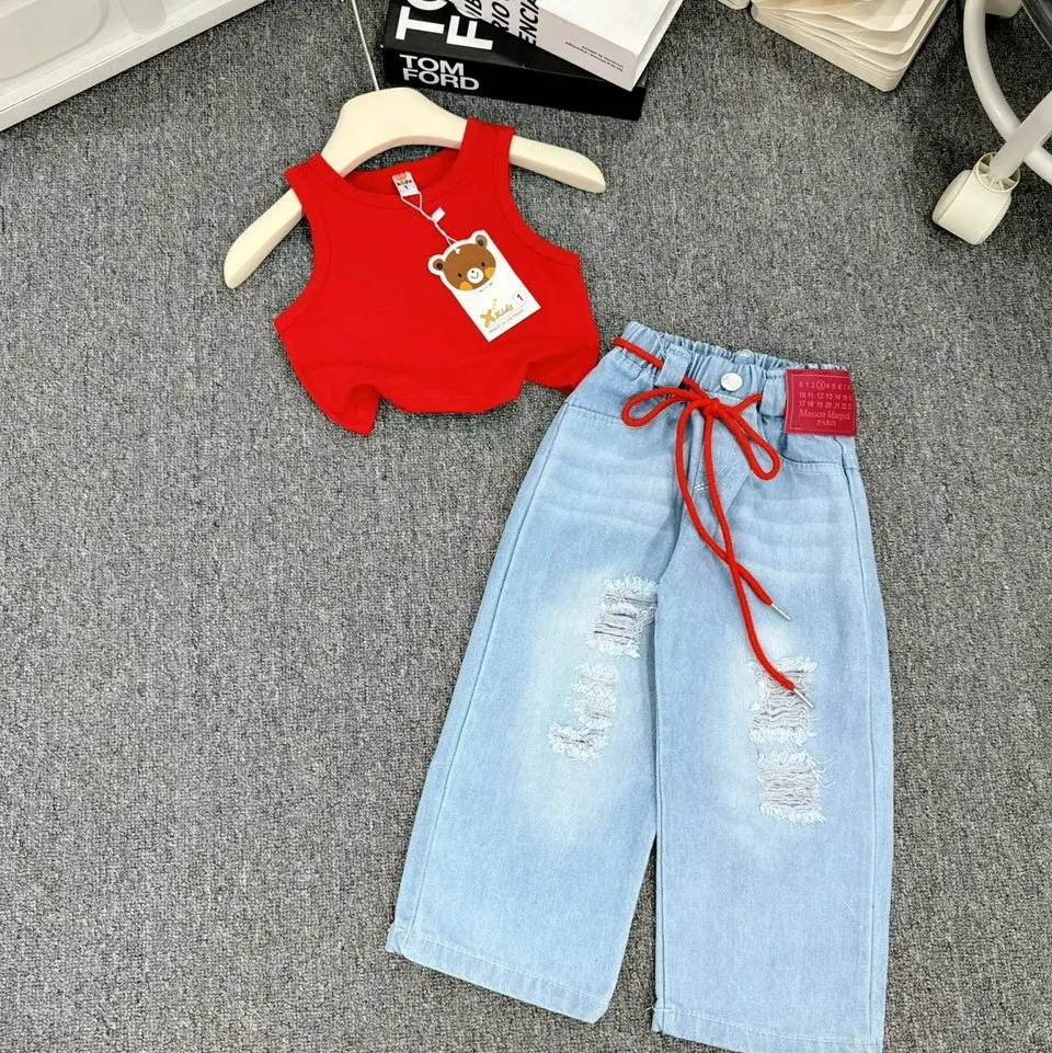 Bộ quần jeans ống rộng áo sát nách  size đại 14-42kg.