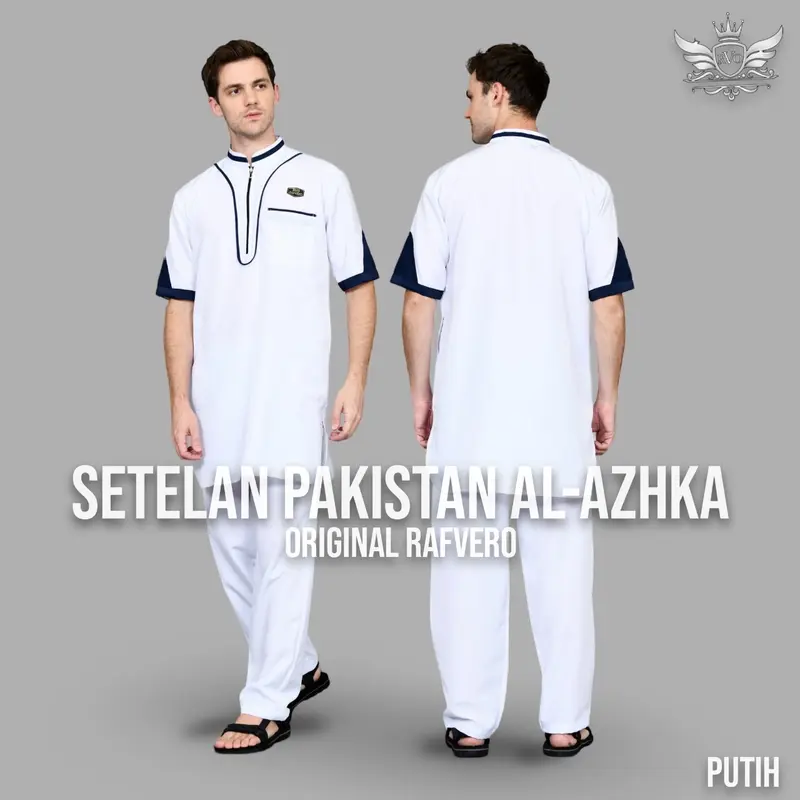 Rafvero BAJU KOKO KURTA PAKISTAN AL-AZHKA BAHAN BEESHWAY List Polka Dot Muslim Pendek Pria Setelan Dewasa Navy Putih Size M L XL Terlaris Terbaru - Panjang 0