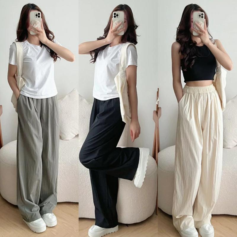 Quần tây ống rộng nữ lưng cao cạp thun chun co giãn dáng hàn xuông dài thể thao vải Đen kem hồng ghi Quần ống rộng nữ Đi học làm công sở Ong Women