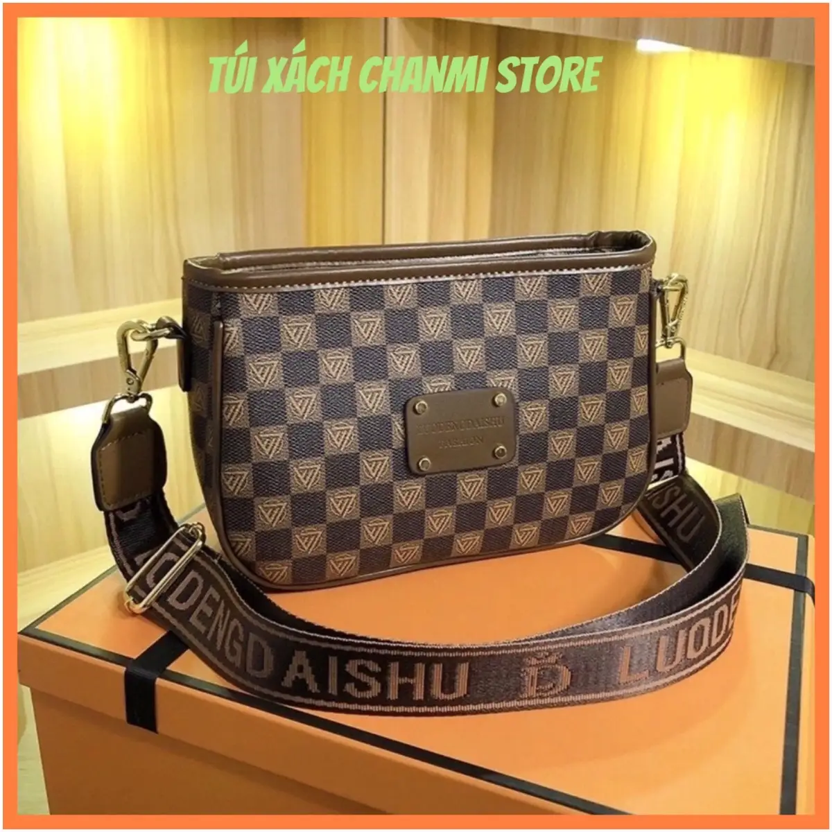 Túi xách nữ đeo chéo kẻ caro dây bản to Bag