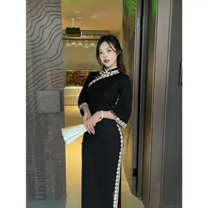 PO40 CHICMORE gaun gaya cheongsam wanita feminime dengan lengan tiga perempat warna hitam