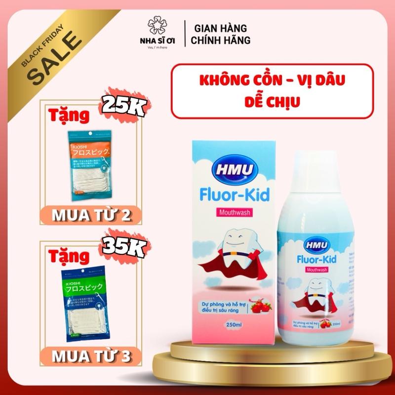 Nước súc miệng HMU FLUOR-KID dành cho trẻ em - Giúp khử khuẩn, làm trắng và điều trị sâu răng cho trẻ em, vị dâu dễ chịu - Được Sáng Chế Bởi Đại Học Y Hà Nội