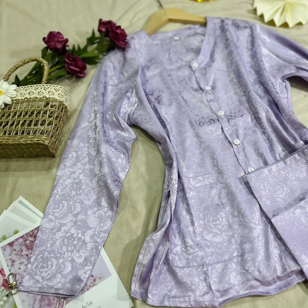 ĐỒ BỘ BÀ BA TRUNG NIÊN VẢI GẤM THÁI TUẤN MÀU XINH