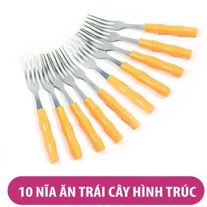 [Combo 10 chiếc] Bộ 10 dĩa inox nhỏ cán nhựa dùng ăn trái cây 0