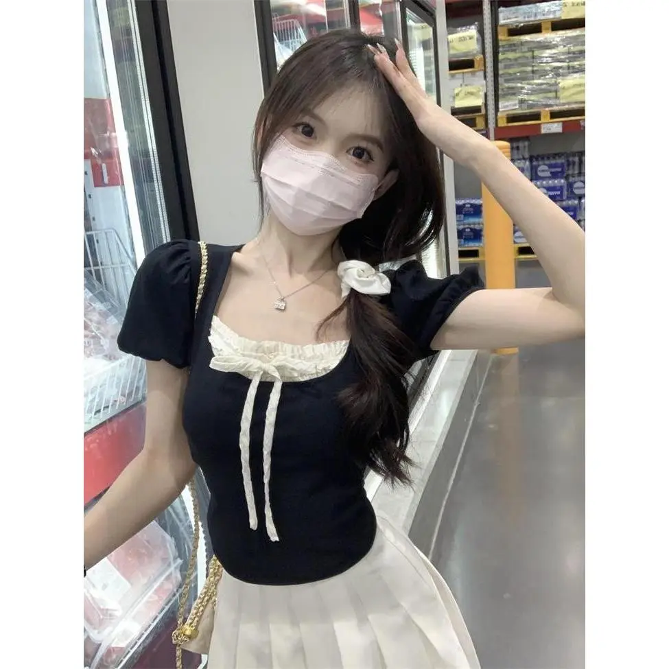 Áo Thun Ngắn, Phong Cách Ba Lê, Ren Nơ, Y2k, Dễ Thương Và Gợi Cảm, Hàng Mới Về Mùa Hè, Phong Cách Phương Tây, Thiết Kế Bọt Khí, Áo Mỏng, Dành Cho Nữ