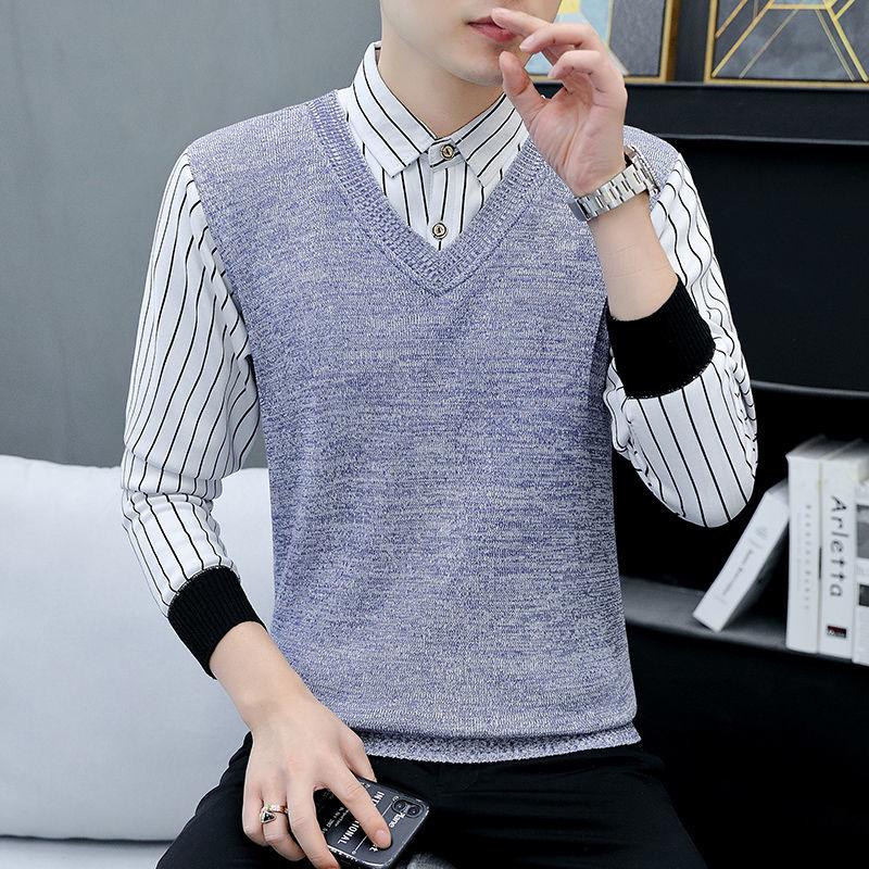 Product Introduction of Not Fleece-lined/Fleece-lined Autumn and Winter Men's Youth Top Sweater Warm Thickened Sweater Fake Two Pieces Shirts Men 7