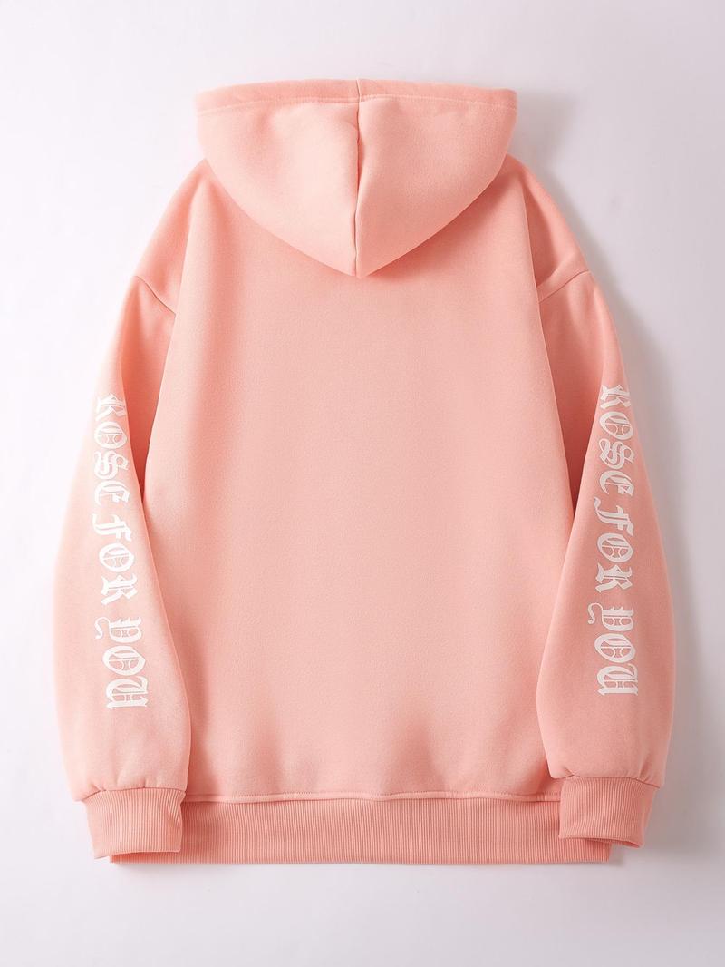 Product Introduction of Unisex Men's Rose & Letter Print Drawstring Hoodie, Casual Pocket Long Sleeve Hooded Sweatshirt, Men's Tops for Fall & Winter, Stylish Hoodies Valentine's Day, gift 6
