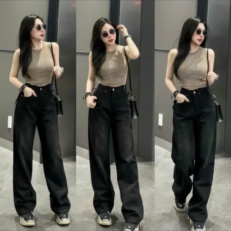 QUẦN JEANS SUÔNG [ ĐEN TUYỀN] CHẤT XỊN CÓ CHUN SAU bigsize 55-70kg 0