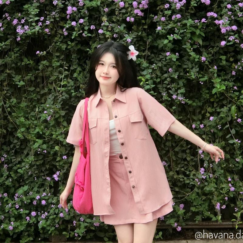 Set áo sơ mi nữ đũi phối nút gỗ kèm chân váy ngắn xoè phong cách ulzzang HAVANA SAT96