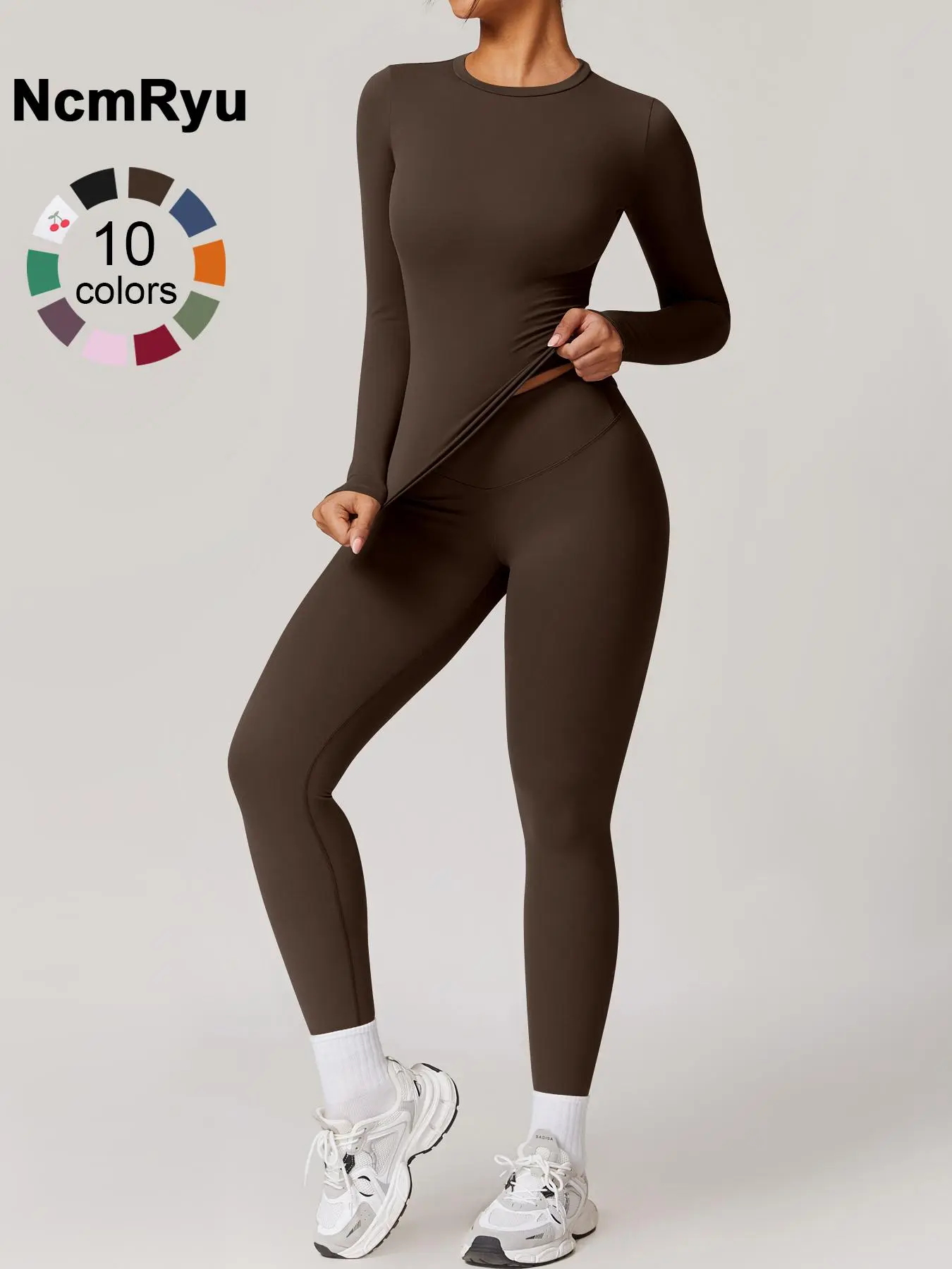 Women's Solid Color Long Sleeve Round Neck Top & Leggings Tracksuit Set, Sporty Comfy Breathable Outfits for Yoga Gym Workout Running, Ladies Fitness Sportswear for All Seasons, Runner Pants, Workout Sets Women