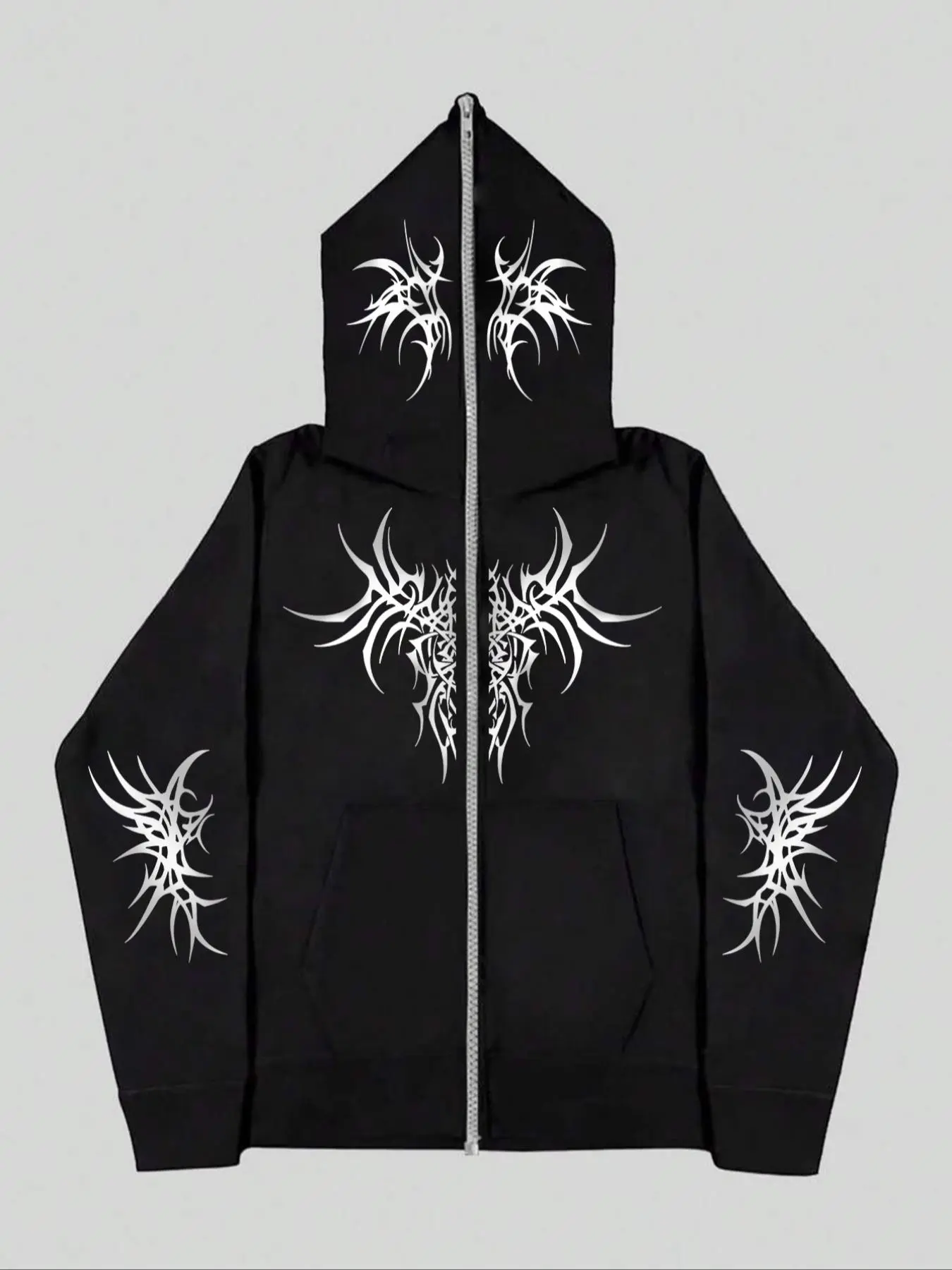 Men's Spider Print Thermal Lined Drop Shoulder Zip Up Pocket Jacket, Regular Fit Casual Geometric Print Long Sleeve Hooded Outwear for Fall & Winter, Men's Clothes for Daily Wear