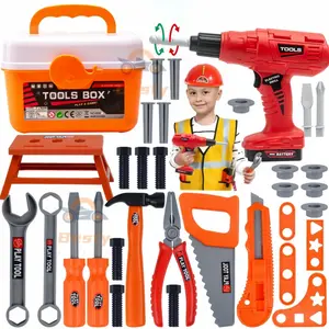 【Besty】Anak-anak Toolbox Kit Alat Berpura-pura untuk Anak-anak, Bermain Alat Perbaikan, Mainan Konstruksi Plastik dengan Obeng
