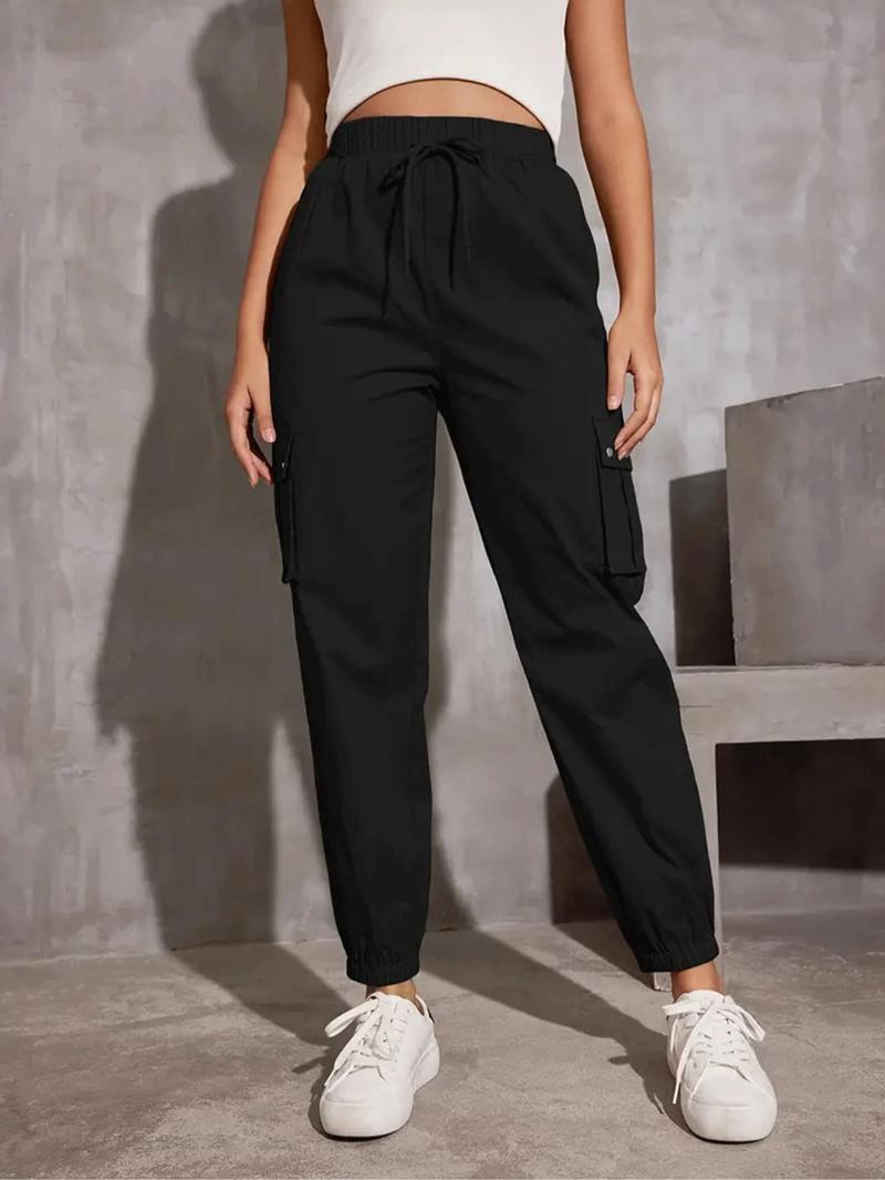 Product Introduction of Women's Solid Pocket Drawstring Cargo Pants, Casual Y2K Style Pants for Daily Wear, Ladies Bottoms for Spring & Fall 5