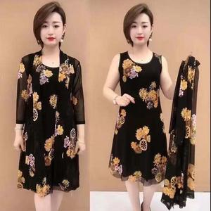 Two Piece Sets Dress Middle age Mother Retro Floral Print Suit-dress Women Korean Style Foreign Flavour Plus Size twinset