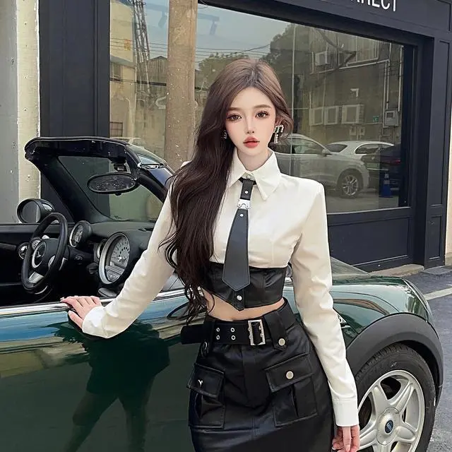 High Quality in Stock-Hot Girl Sweet Cool College Style Blouse Suit Women's Navel Short Clothes High Waist Skirt Set-TK Hot Sale Quality Certification Womenswear Original Slim Lingerie