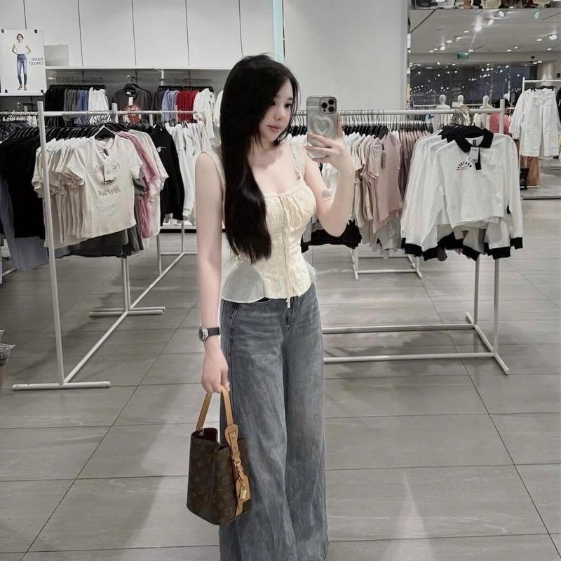 Áo Thô Mix Ren 2 Dây Chiết Eo Dây Thắt Nơ Dành Cho Nữ By Trang Mun J51