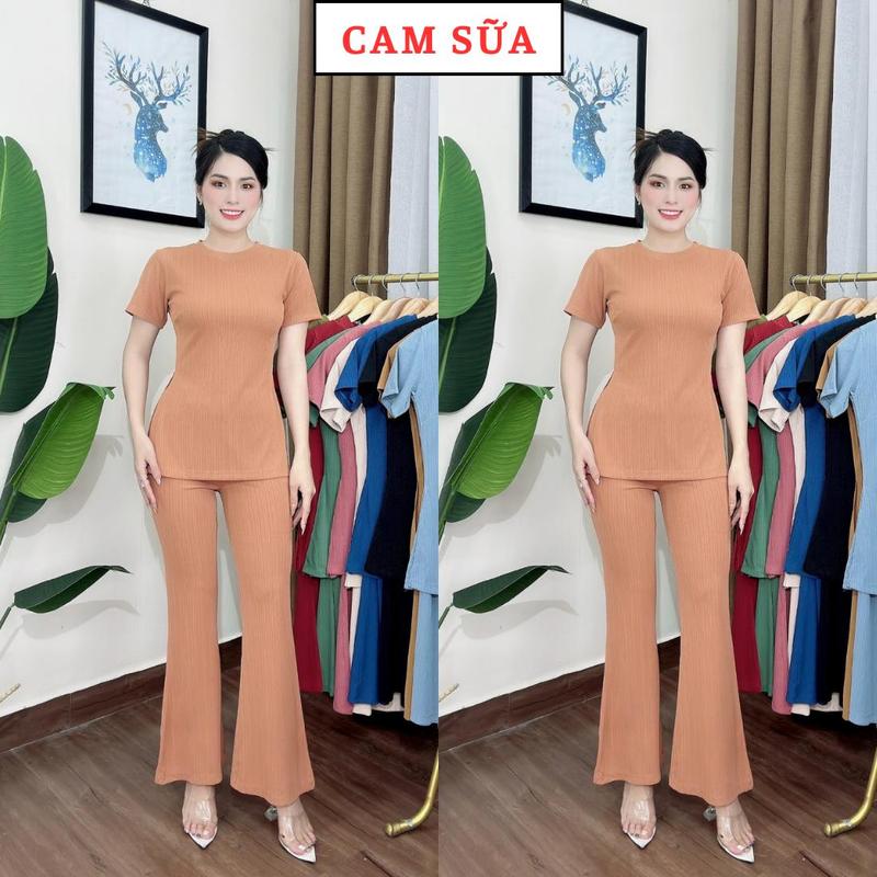 S18 Set bộ áo cổ tròn tay ngắn xẻ tà Store Phương Linh quần óng loe chất len sọc dày dặn đủ size S, M, L, XL, XXL phù cho các dịp thông thường Có thể giặt bằng máy 1