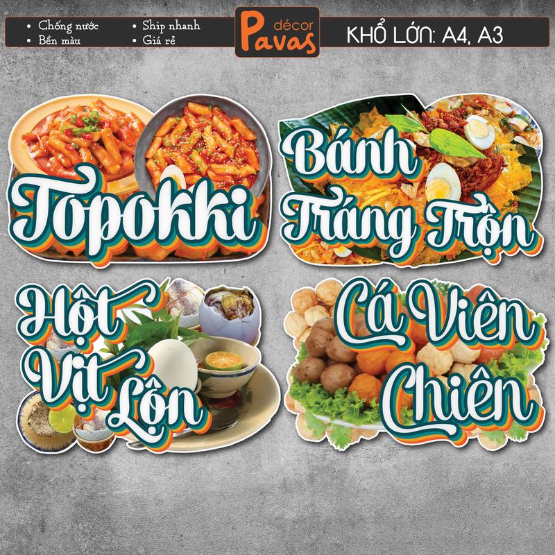 Tổng Hợp Decal Món Ăn Vặt trang trí dán quán tường, quán ăn, cá viên chiên, hột vịt lộn, kimbap, bánh tráng trộn. TTQ40