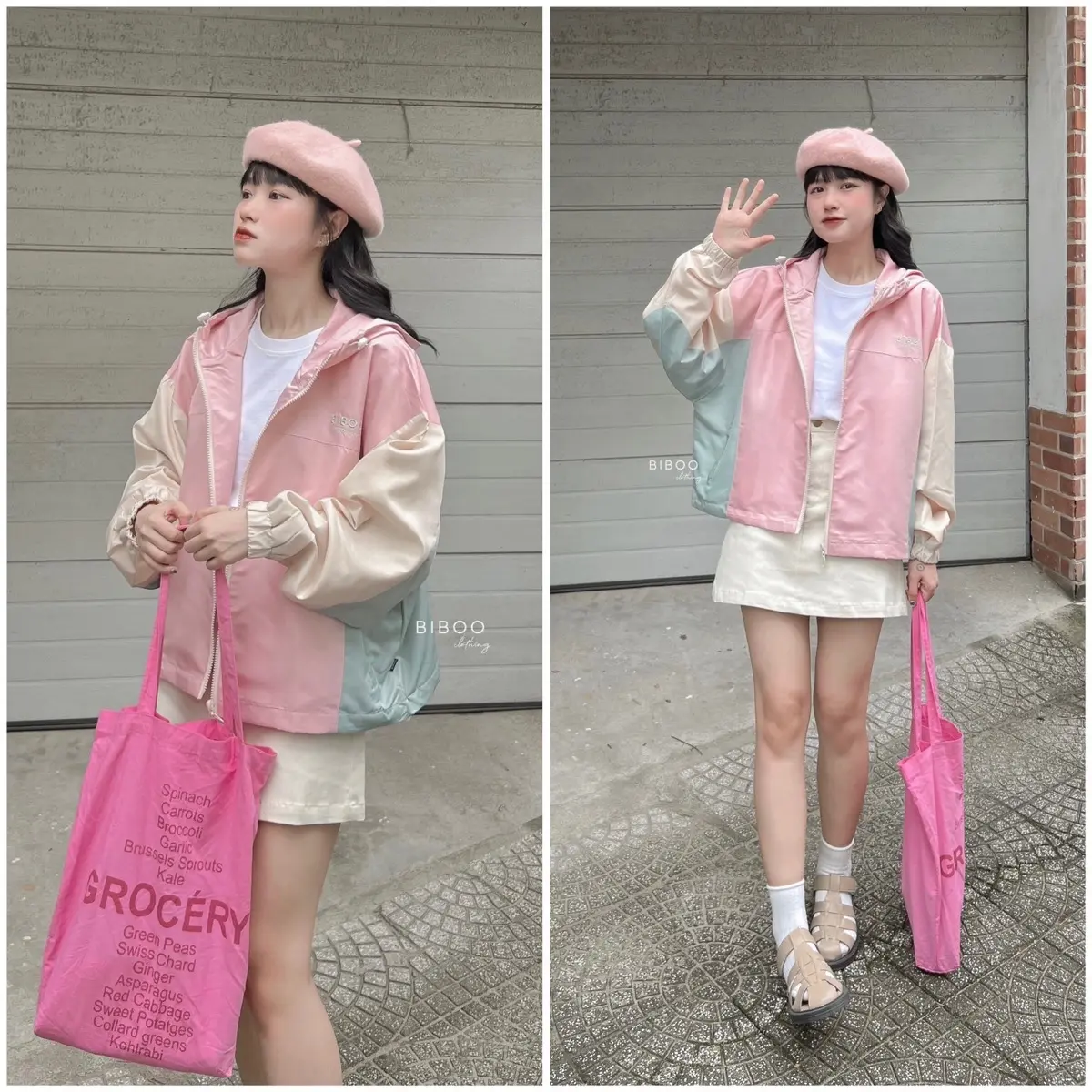 BIBOO - Áo khoác dù có nón phối 3 màu dáng lửng form rộng năng động PASTEL CANDY JACKET