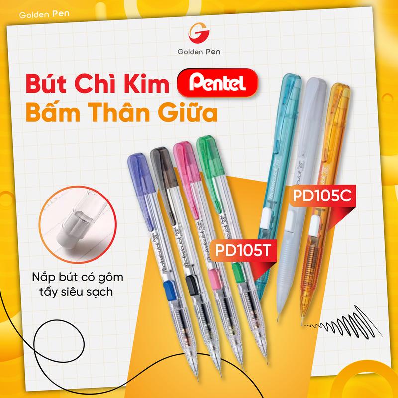  Bút Chì Kim Pentel PD105C   PD105T Nút Bấm Thân Giữa 0.5mm - Thiết Kế Thân Nhựa Màu Bán Trong Đẹp Mắt 